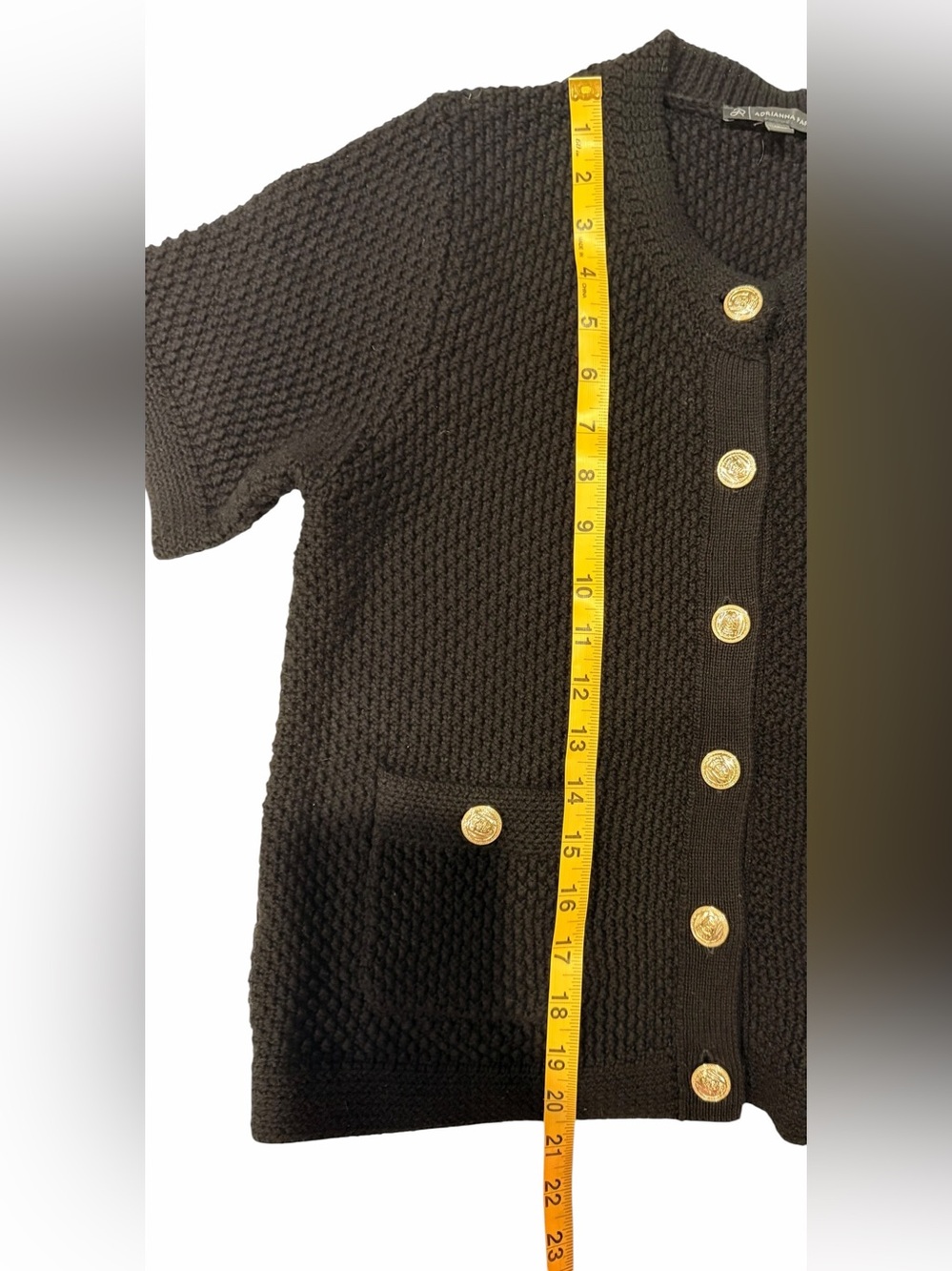 Adrianna Papell Short Sleeve Textured Knit Cardigan Black Gold Buttons Small - Picture 7 of 8